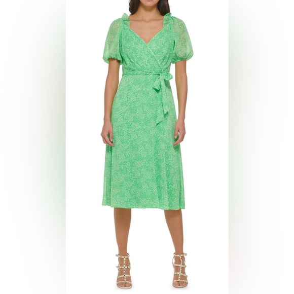DKNY Puff Sleeved Ruffle Green Spotted White Midi Dress - Picture 2 of 7